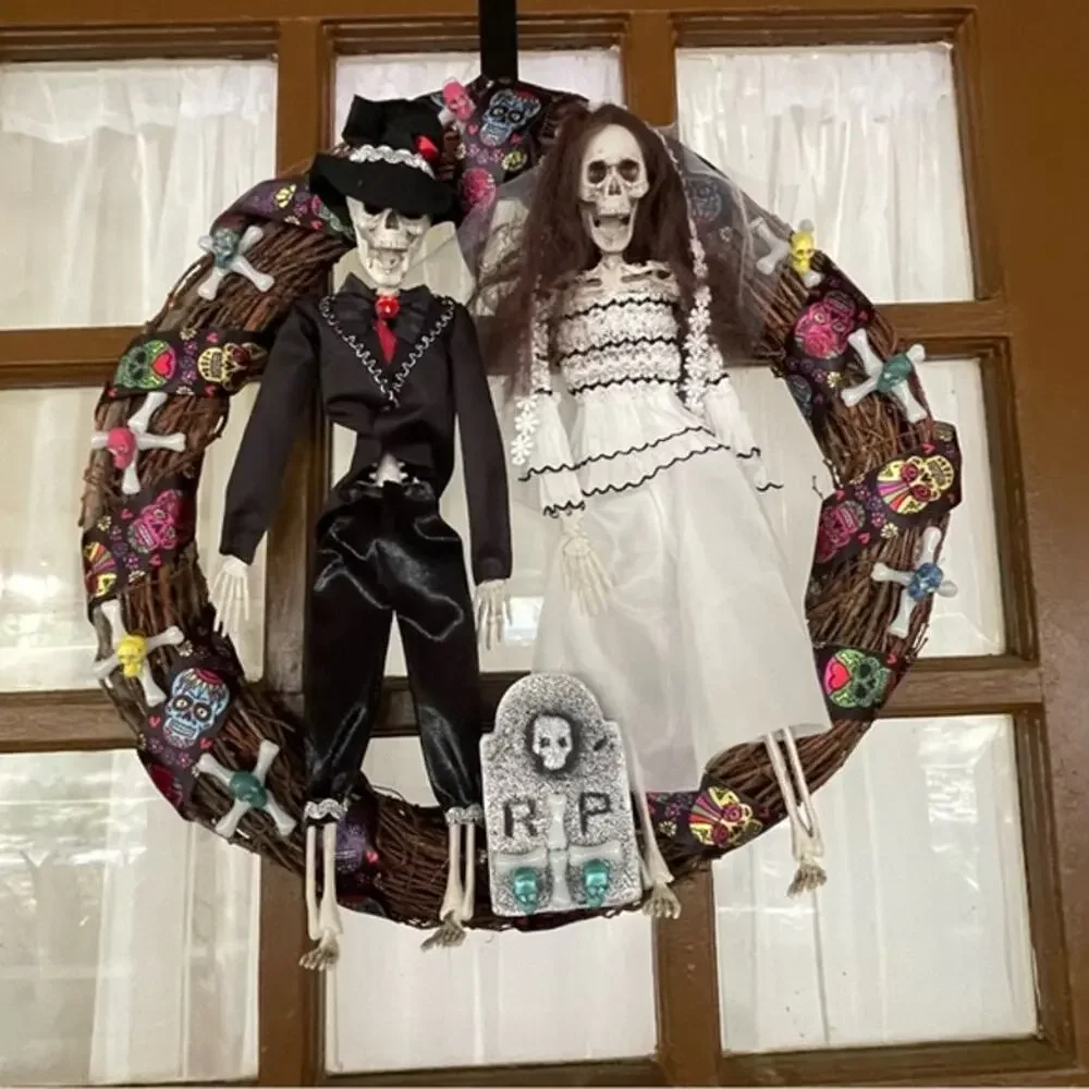 Handmade Halloween Skeleton Bride Groom Wreath 18